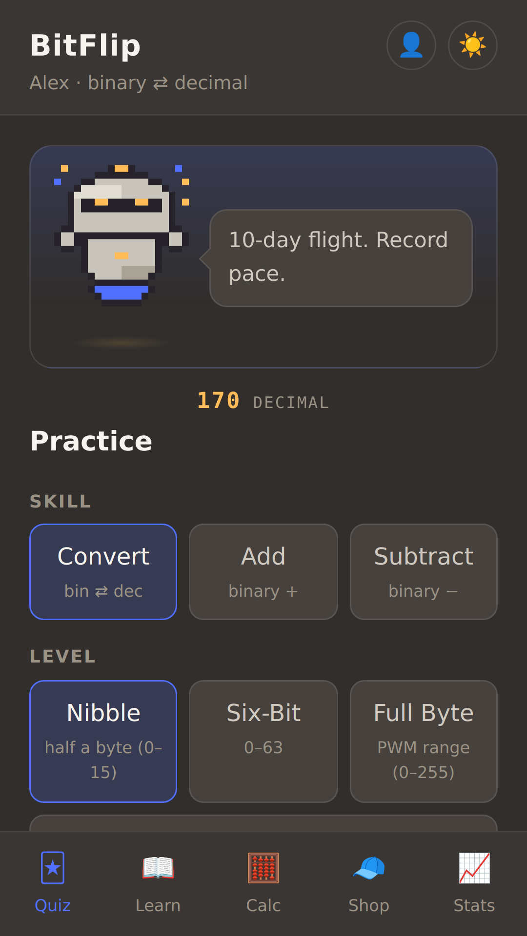 Quiz screen with Zip the hover bot